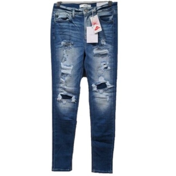 NWT Kancan Women's High Rise Super Skinny Size 7/27 Destroyed Stone Wash - Picture 1 of 14
